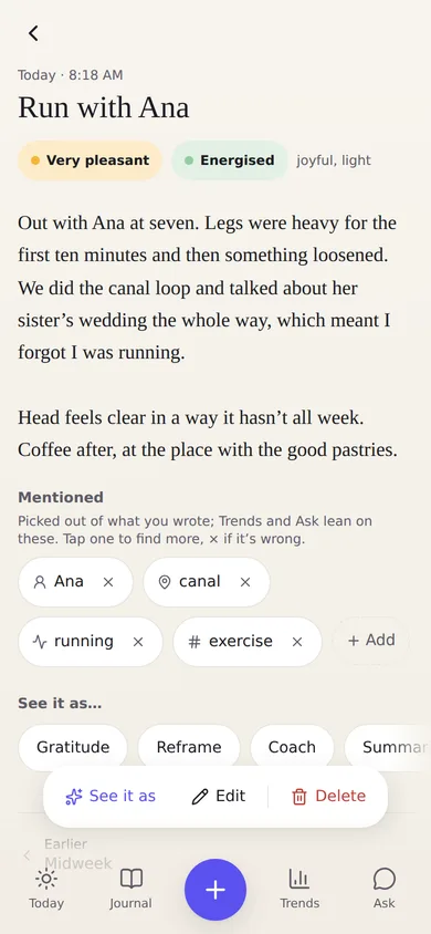 An entry in Murmr: its mind and body check-in, the people and places picked out of it, and the lenses